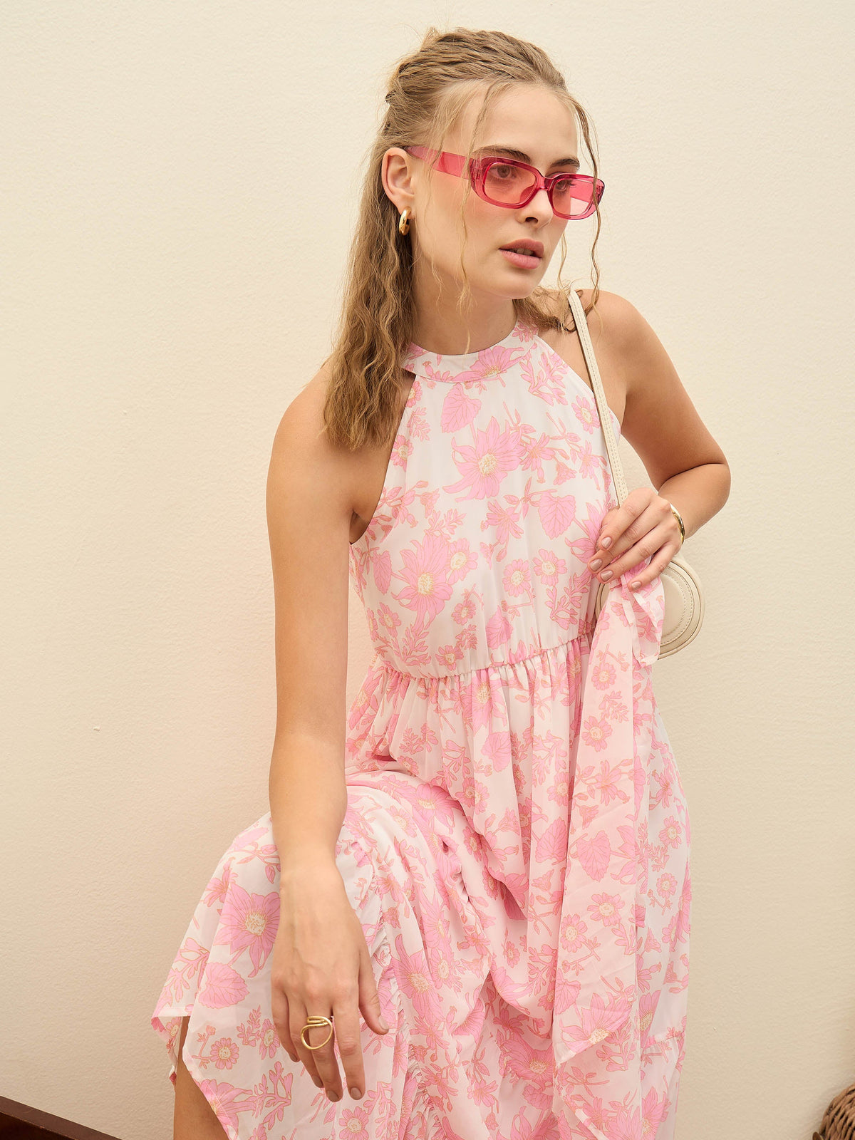 White Floral Halter-Neck Maxi Dress-SASSAFRAS