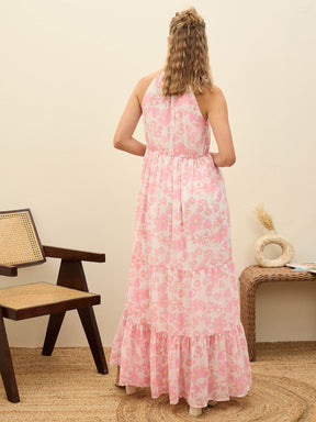 White Floral Halter-Neck Maxi Dress-SASSAFRAS