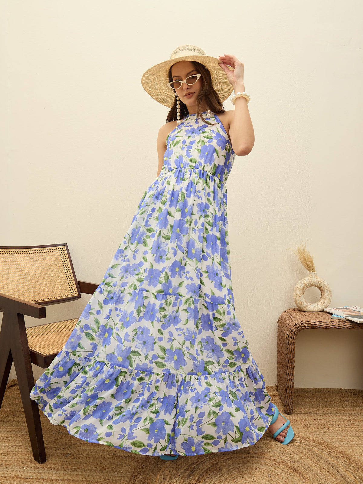 Blue Floral Halter Neck Maxi Dress-SASSAFRAS