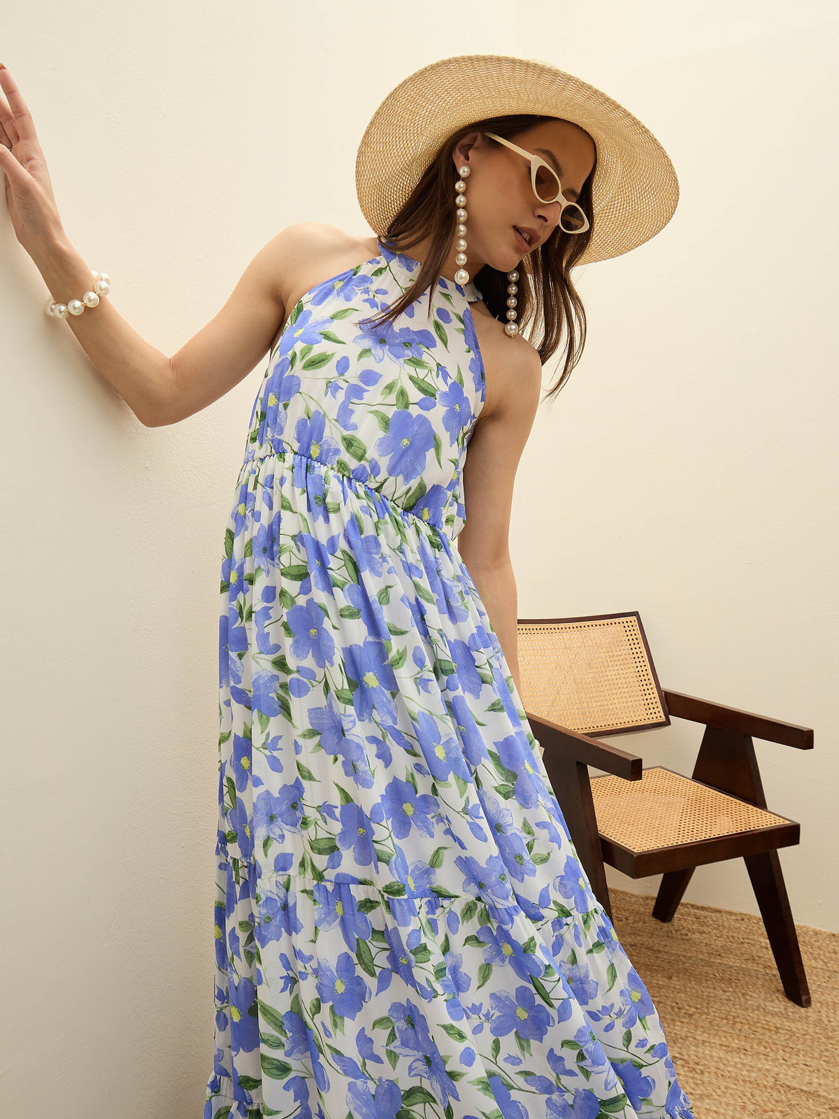 Blue Floral Halter Neck Maxi Dress-SASSAFRAS