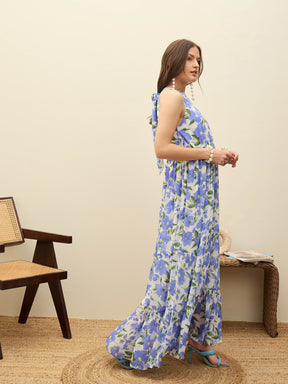 Blue Floral Halter Neck Maxi Dress-SASSAFRAS