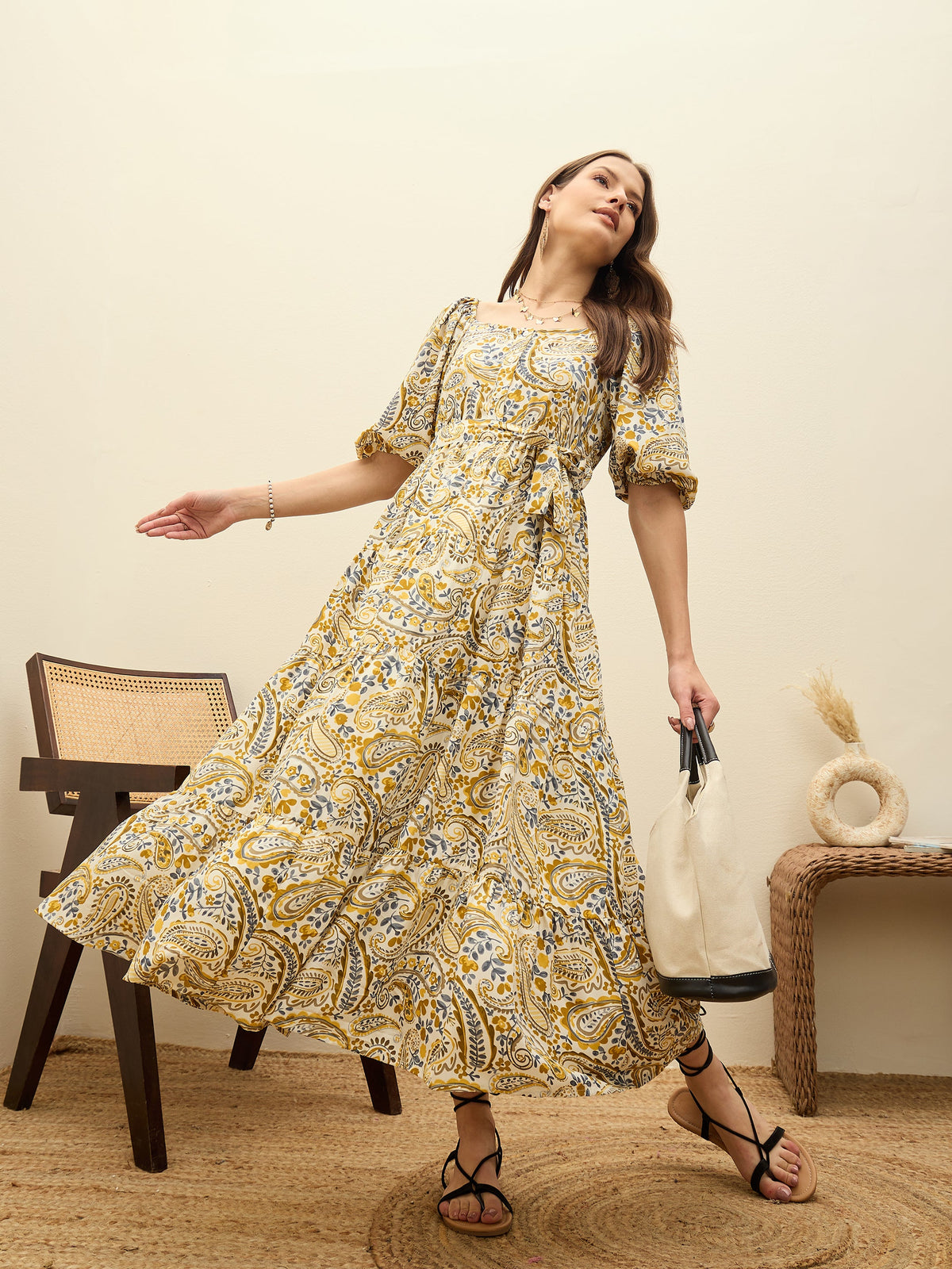 Beige Paisley Belted Midi Dress-SASSAFRAS