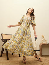 Beige Paisley Belted Midi Dress-SASSAFRAS