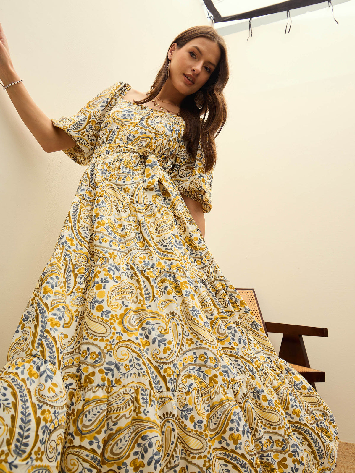 Beige Paisley Belted Midi Dress-SASSAFRAS