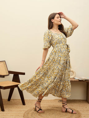 Beige Paisley Belted Midi Dress-SASSAFRAS