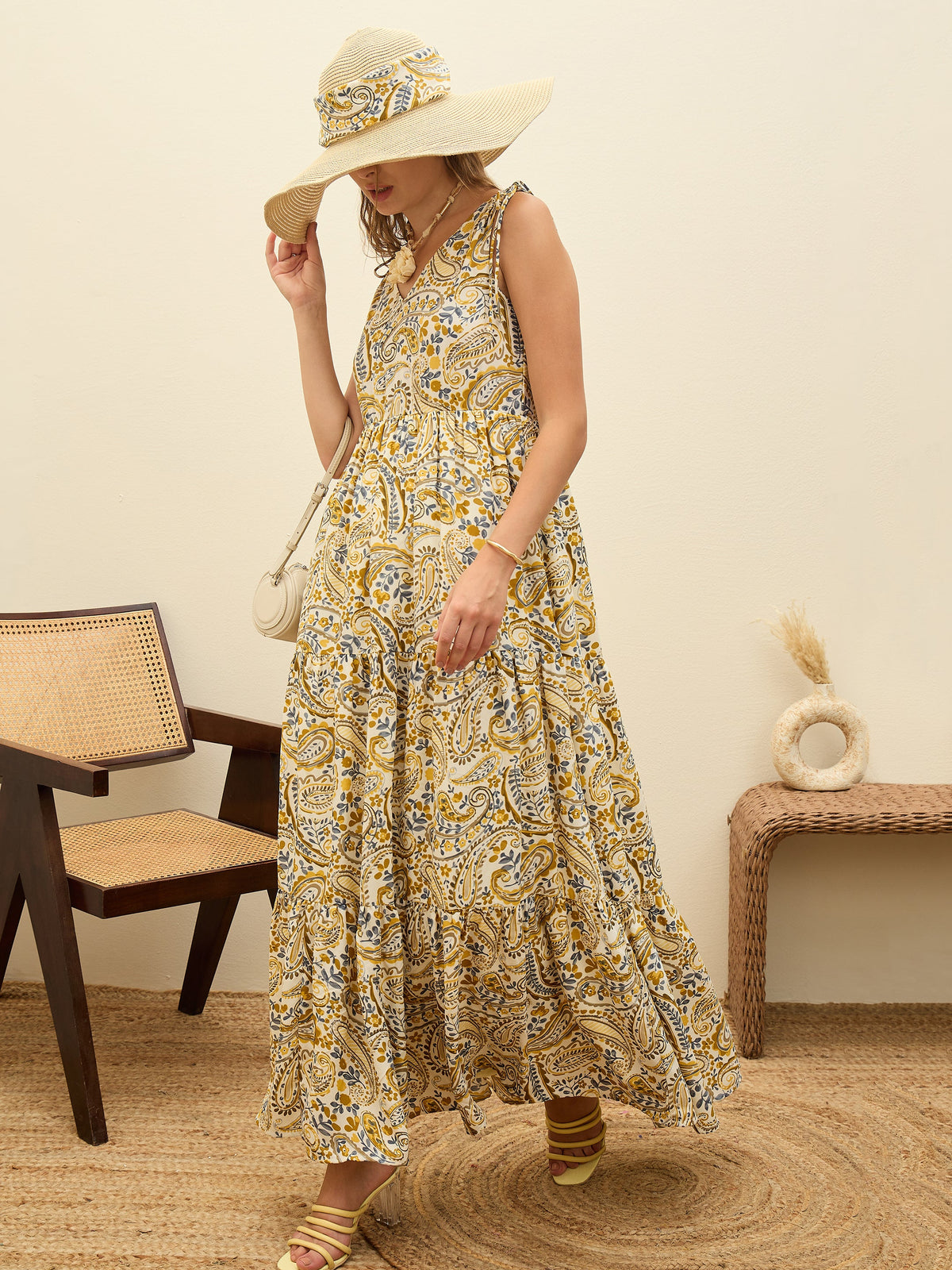 Beige Paisley V-Neck Tiered Maxi Dress-SASSAFRAS