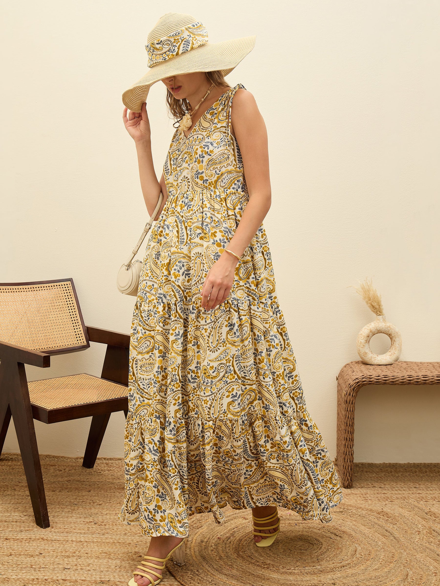 Beige Paisley V-Neck Tiered Maxi Dress-SASSAFRAS