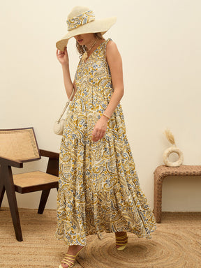 Beige Paisley V-Neck Tiered Maxi Dress-SASSAFRAS
