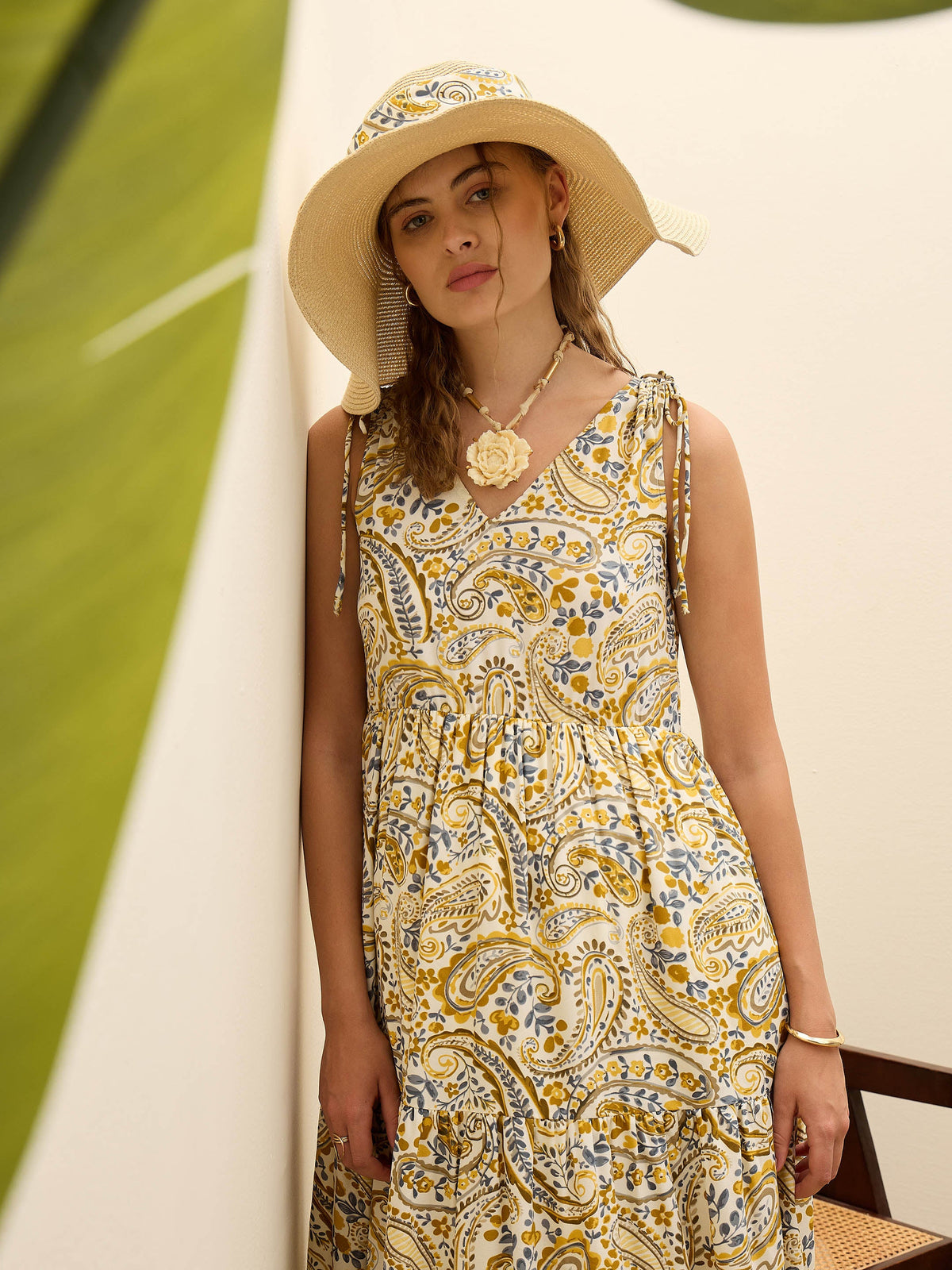 Beige Paisley V-Neck Tiered Maxi Dress-SASSAFRAS