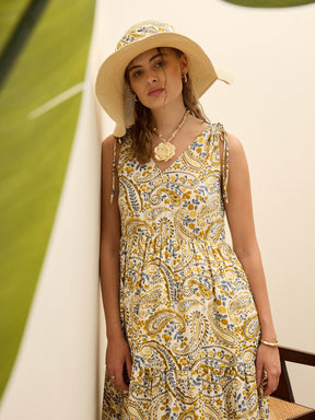 Beige Paisley V-Neck Tiered Maxi Dress-SASSAFRAS
