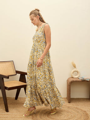 Beige Paisley V-Neck Tiered Maxi Dress-SASSAFRAS