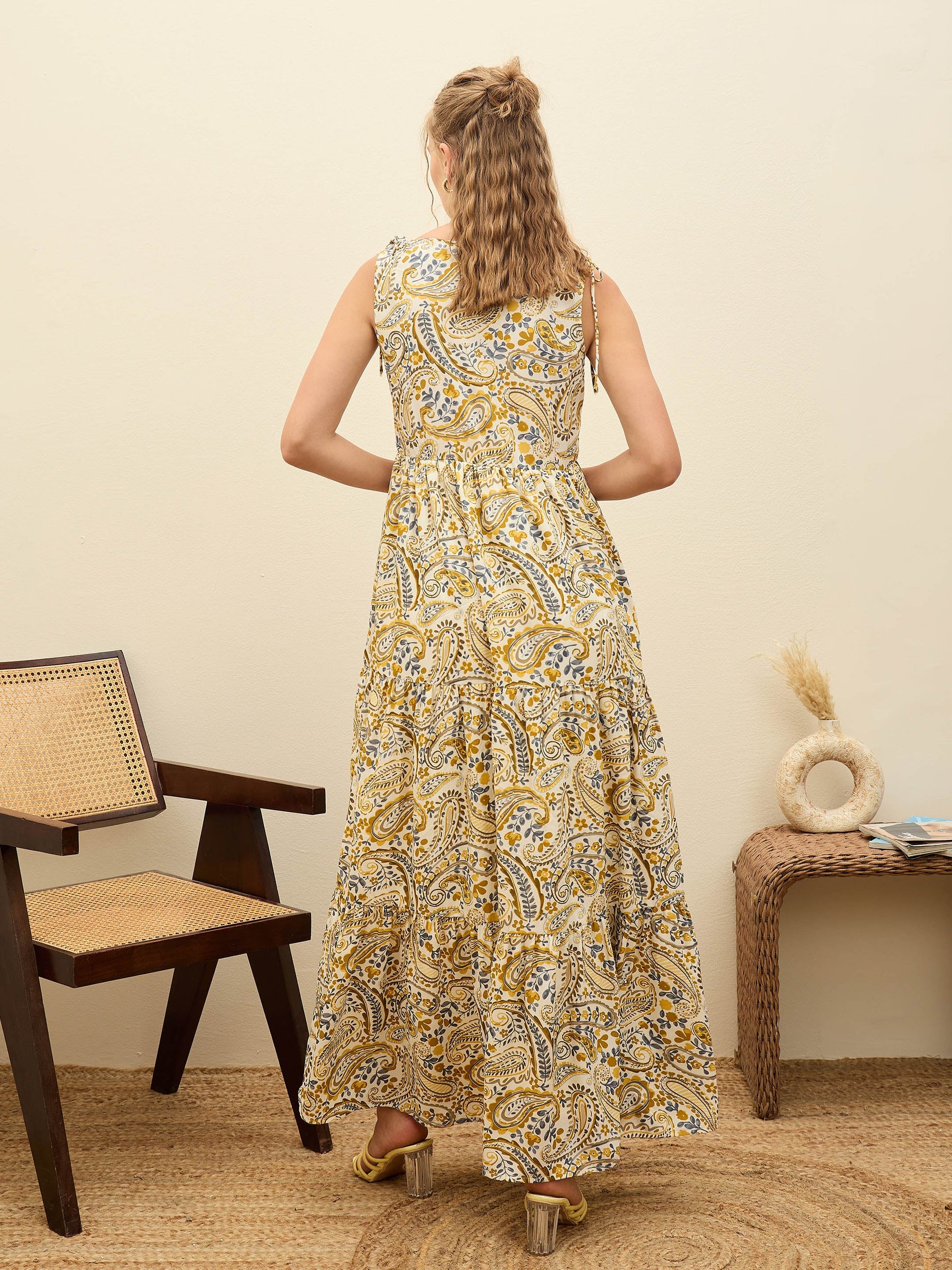Beige Paisley V-Neck Tiered Maxi Dress-SASSAFRAS