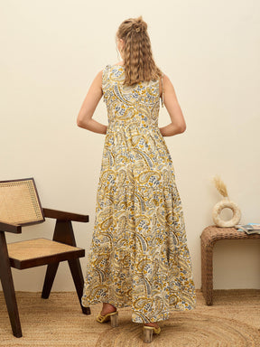 Beige Paisley V-Neck Tiered Maxi Dress-SASSAFRAS