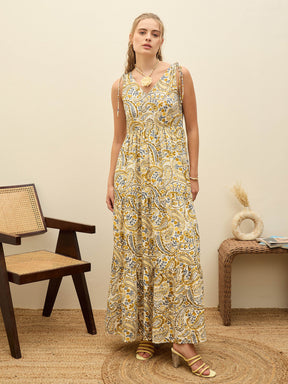 Beige Paisley V-Neck Tiered Maxi Dress-SASSAFRAS