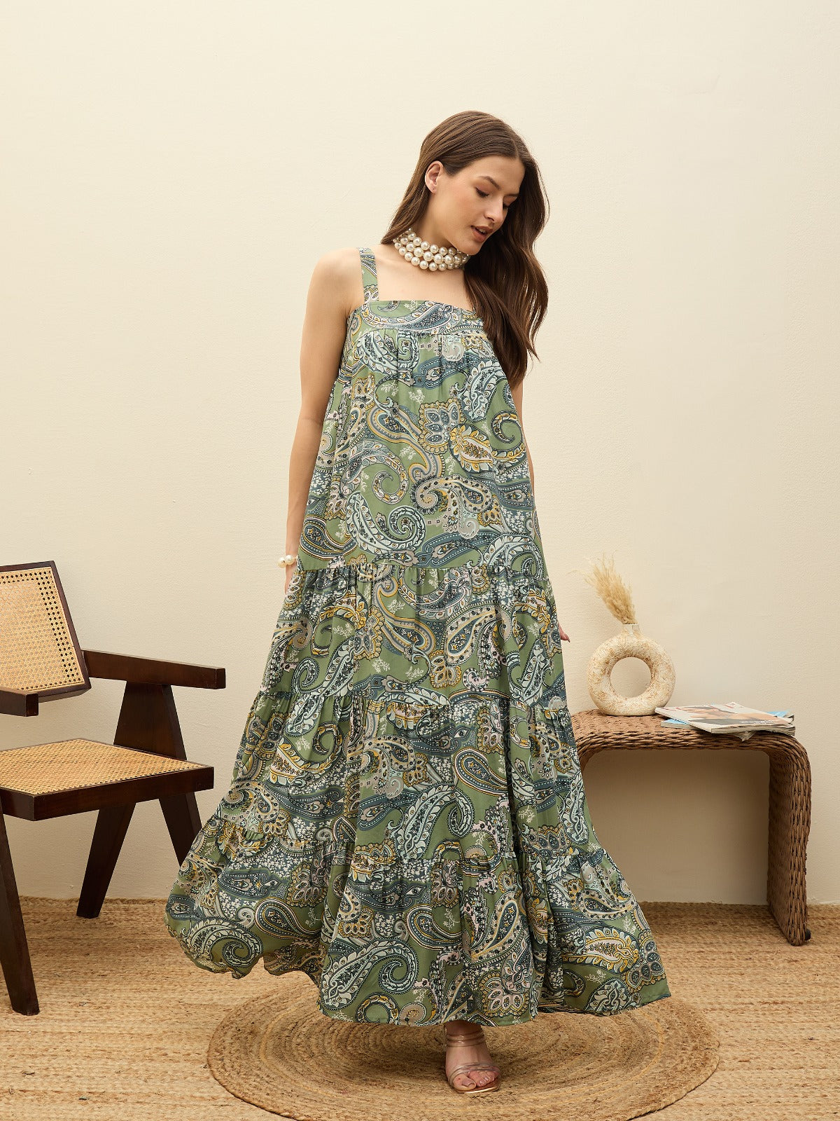 Green Paisley Strappy Tiered Maxi Dress-SASSAFRAS
