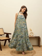 Green Paisley Strappy Tiered Maxi Dress-SASSAFRAS