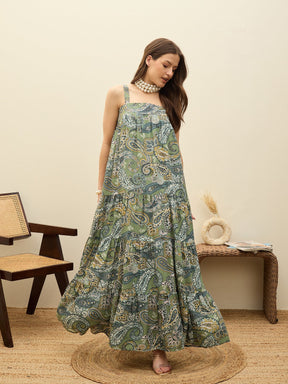 Green Paisley Strappy Tiered Maxi Dress-SASSAFRAS