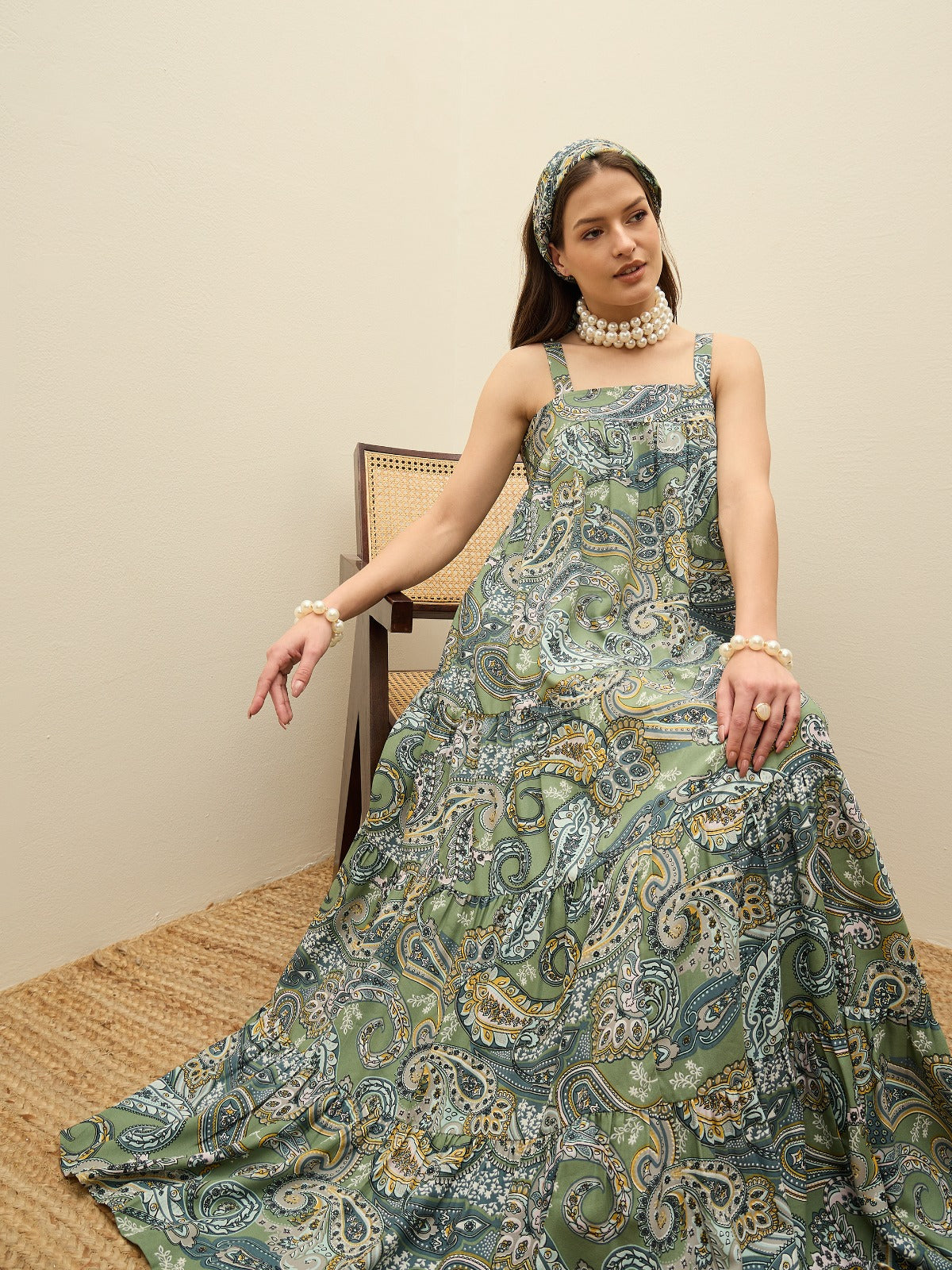 Green Paisley Strappy Tiered Maxi Dress-SASSAFRAS