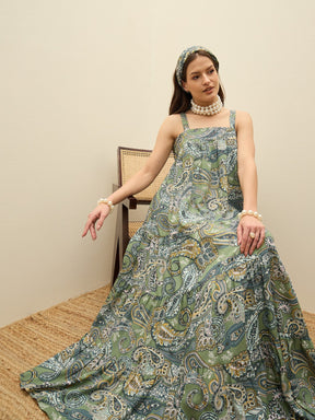 Green Paisley Strappy Tiered Maxi Dress-SASSAFRAS