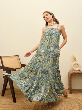 Green Paisley Strappy Tiered Maxi Dress-SASSAFRAS