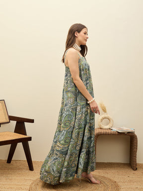Green Paisley Strappy Tiered Maxi Dress-SASSAFRAS