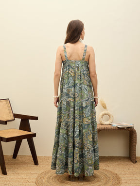 Green Paisley Strappy Tiered Maxi Dress-SASSAFRAS