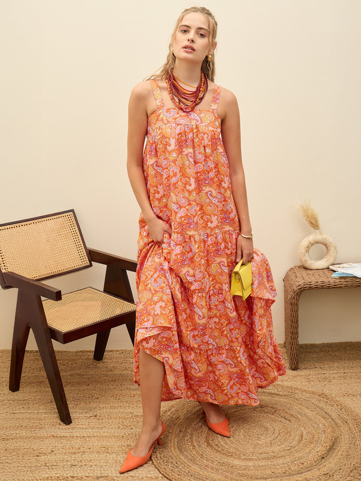 Orange Paisley Strappy Tiered Maxi Dress-SASSAFRAS