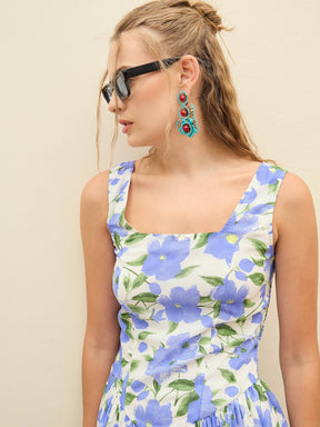 Blue Floral Square Neck Short Dress-SASSAFRAS