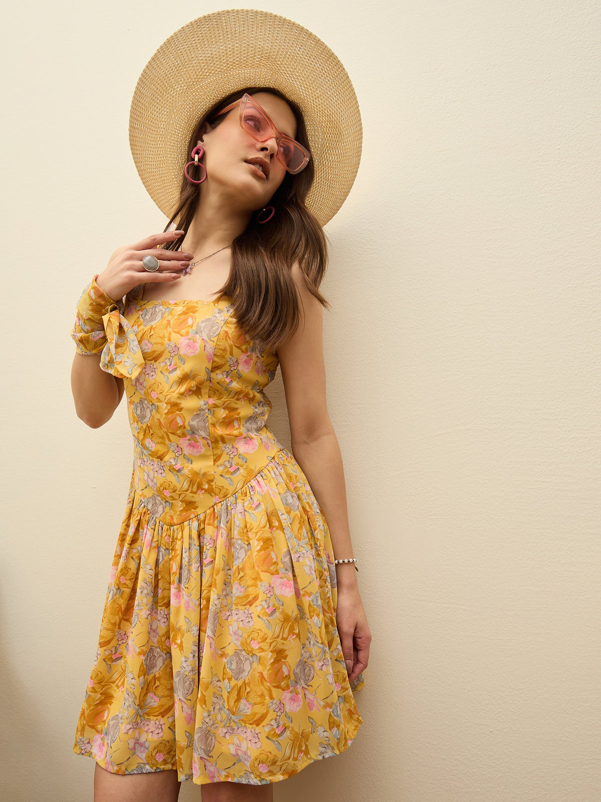 Yellow Floral Square Neck Short Dress-SASSAFRAS