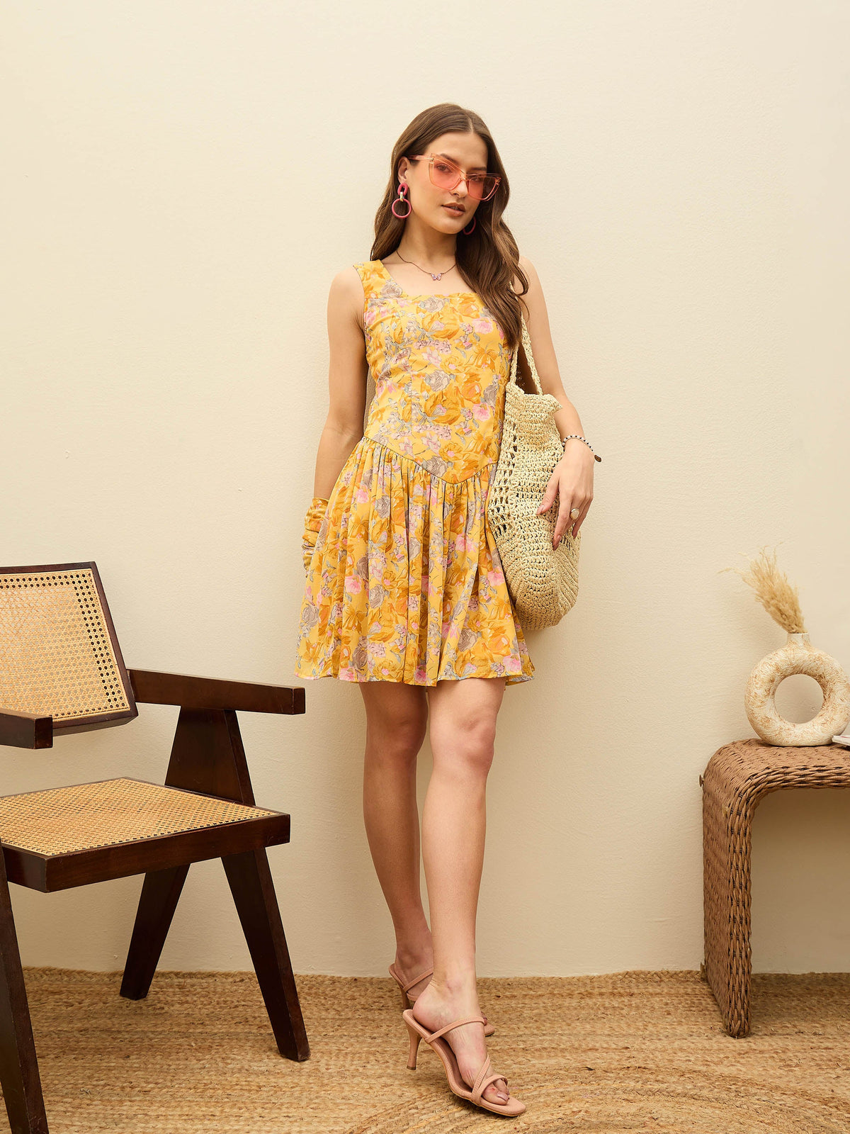Yellow Floral Square Neck Short Dress-SASSAFRAS