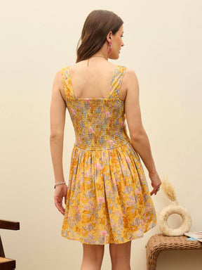 Yellow Floral Square Neck Short Dress-SASSAFRAS
