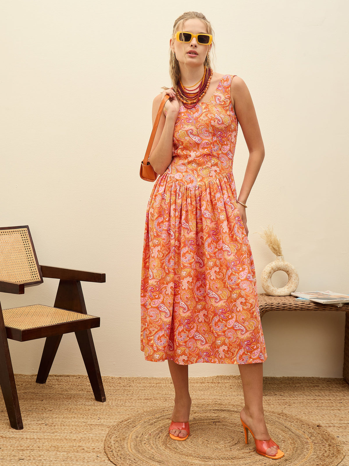 Orange Paisley Strappy Midi Dress-SASSAFRAS