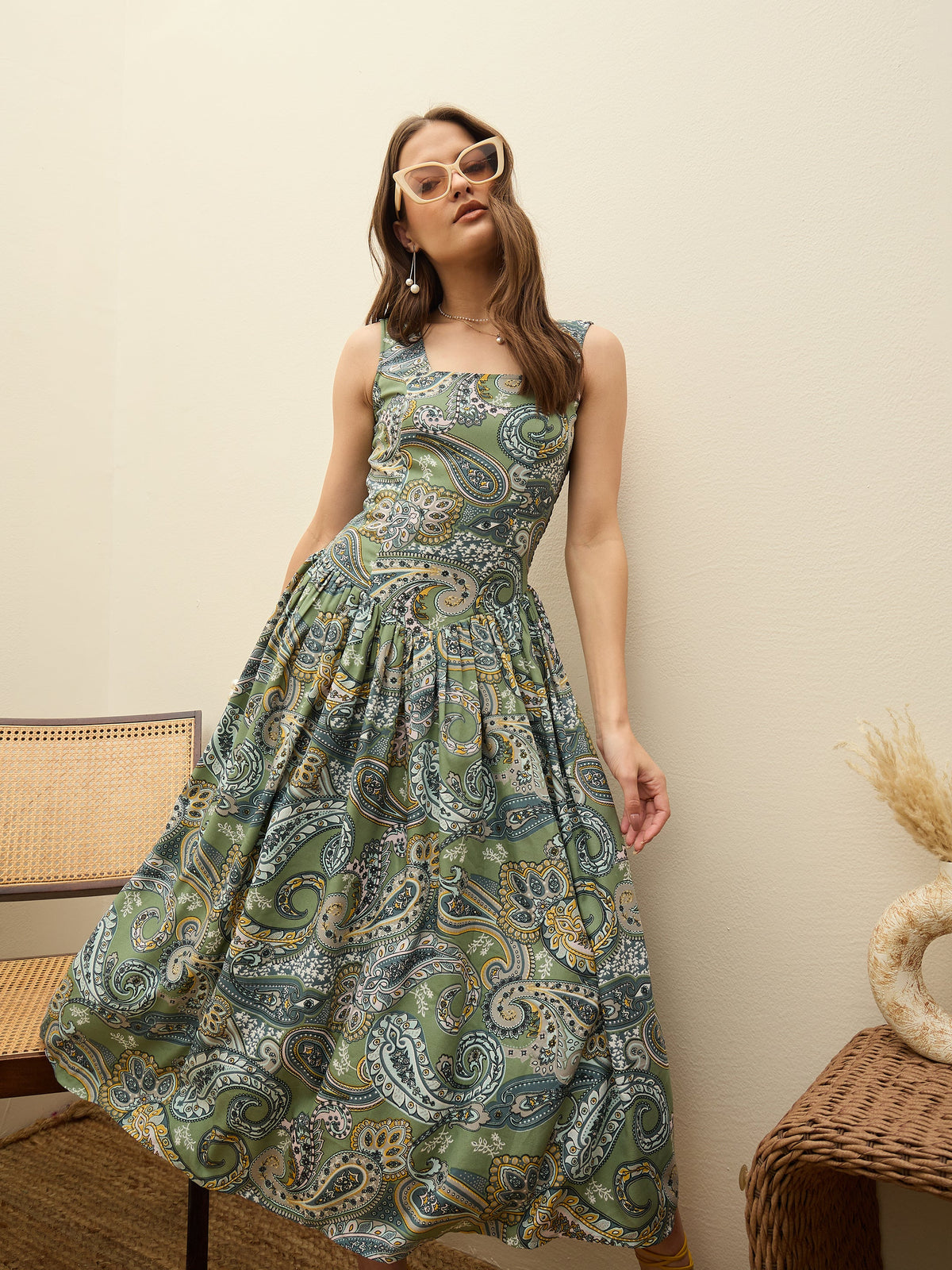 Green Paisley Strappy Midi Dress-SASSAFRAS