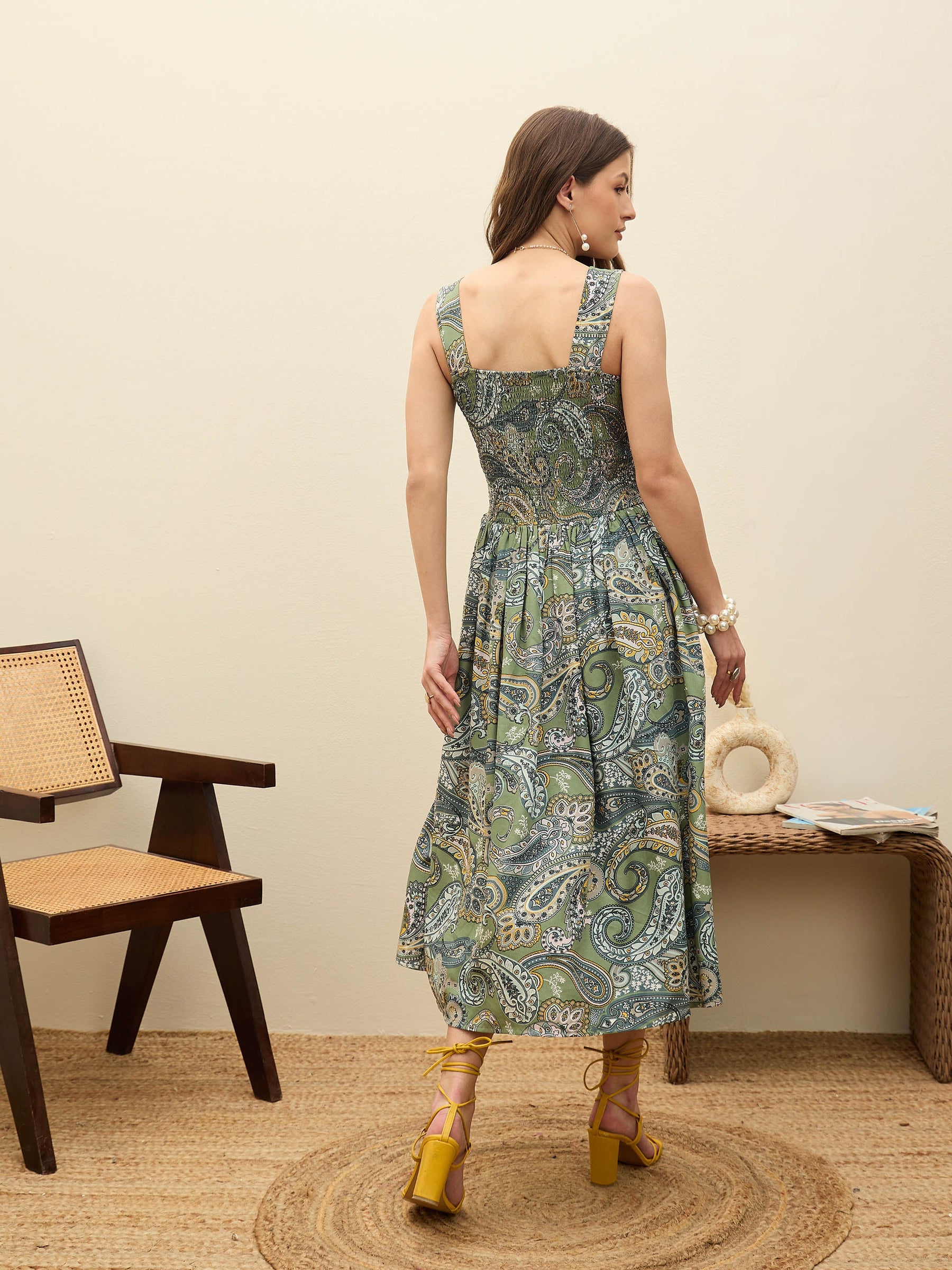 Green Paisley Strappy Midi Dress-SASSAFRAS