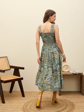 Green Paisley Strappy Midi Dress-SASSAFRAS