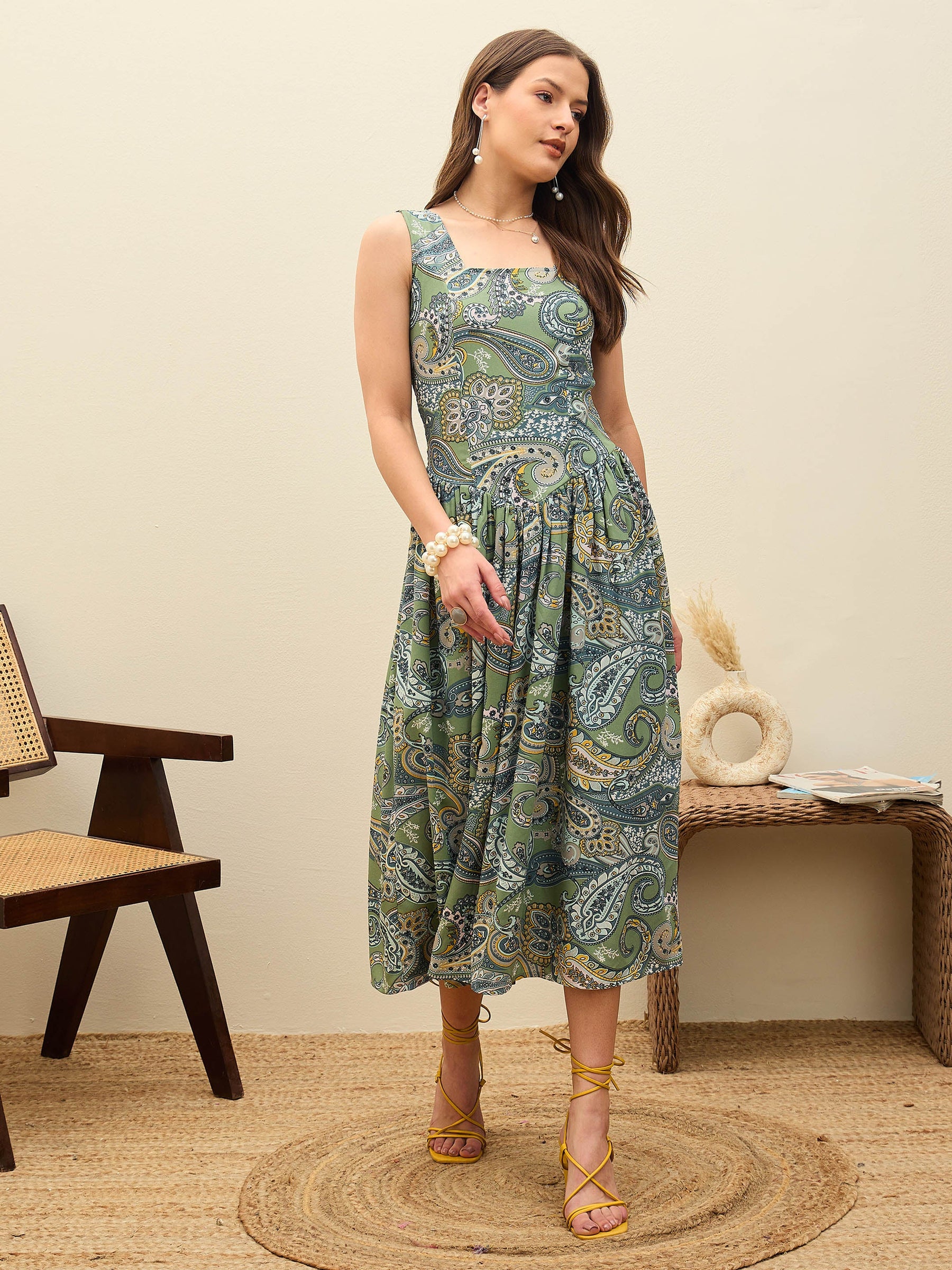 Green Paisley Strappy Midi Dress-SASSAFRAS