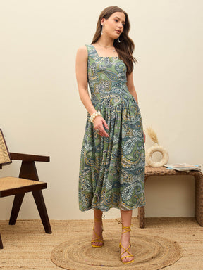 Green Paisley Strappy Midi Dress-SASSAFRAS