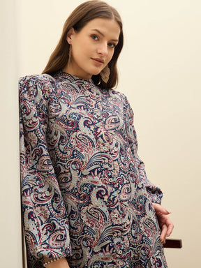 Navy Blue Paisley Shirt Dress-SASSAFRAS