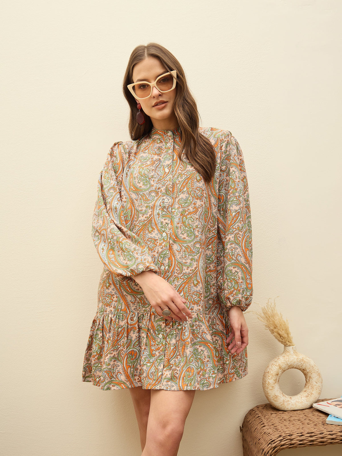 Peach Paisley Shirt Dress-SASSAFRAS