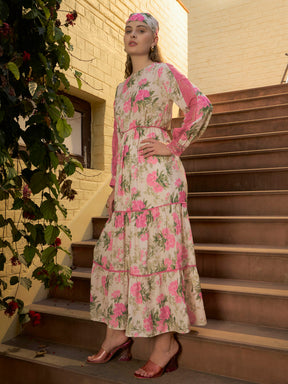 Beige Floral Tiered Maxi Dress-SASSAFRAS