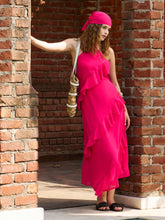Fuchsia Solid Halter Neck Maxi Dress-SASSAFRAS