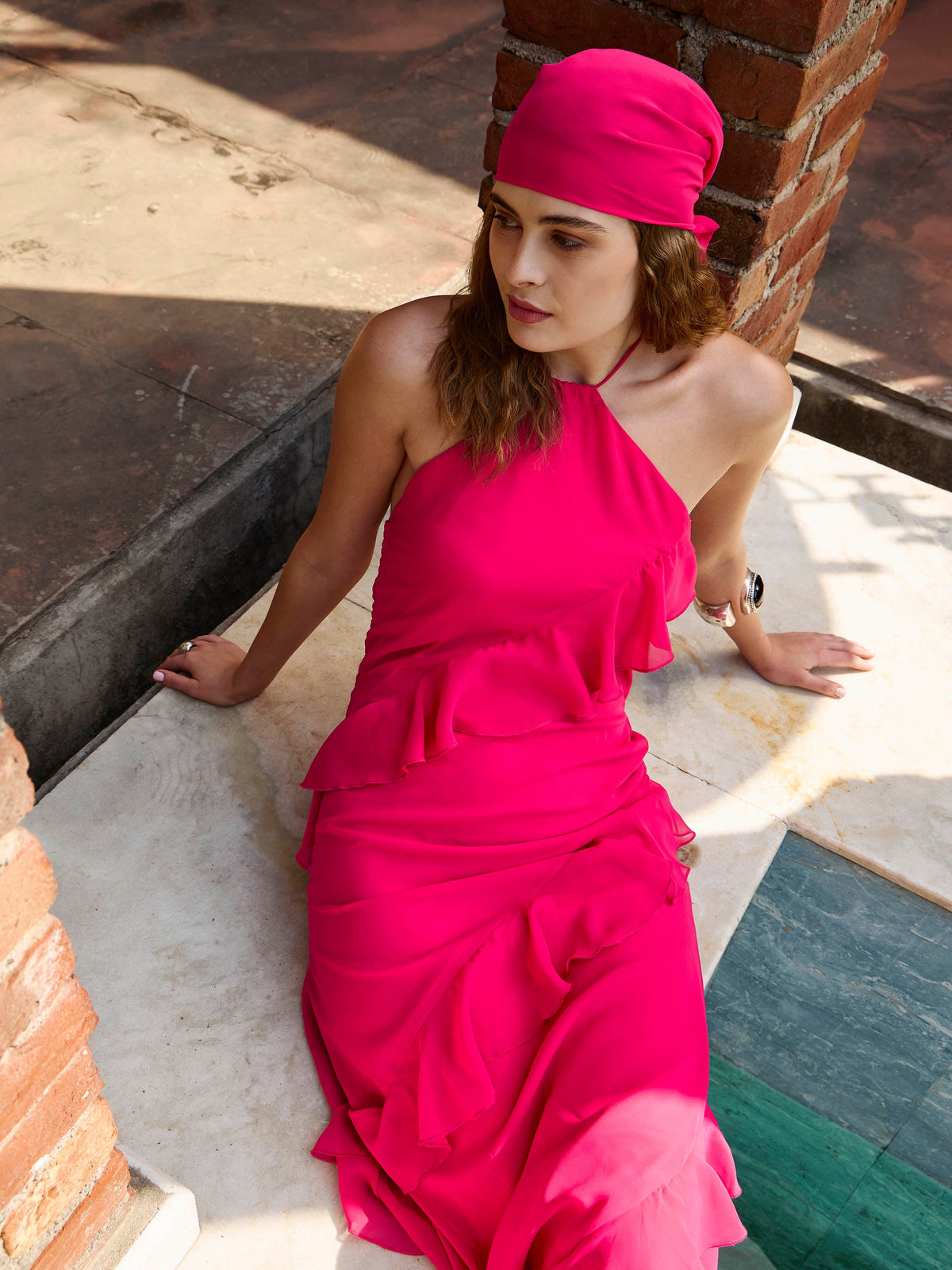 Fuchsia Solid Halter Neck Maxi Dress-SASSAFRAS