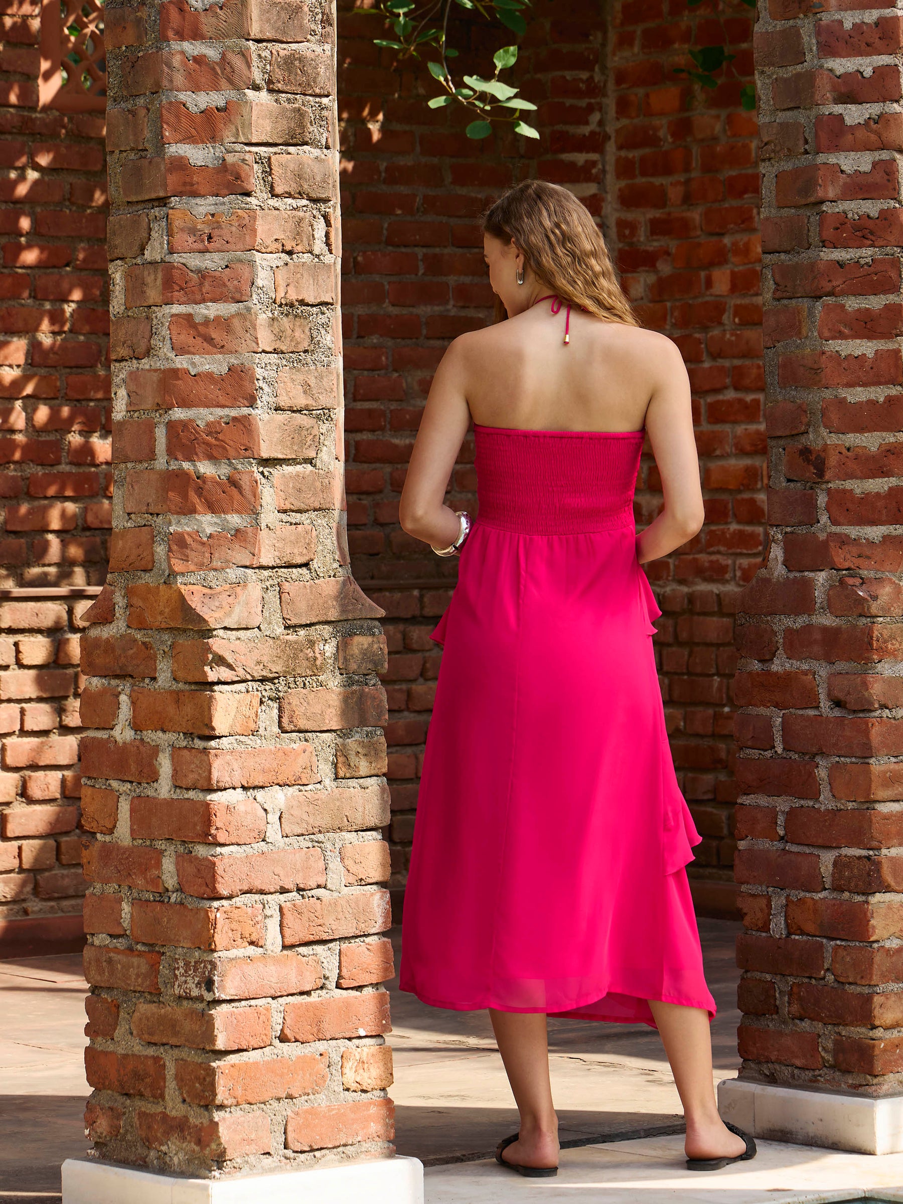 Buy Women Fuchsia Solid Halter Neck Maxi Dress Online at Best Price - Sassafras Buy Women Fuchsia Solid Halter Neck Maxi Dress Online at Best Price - Sassafras