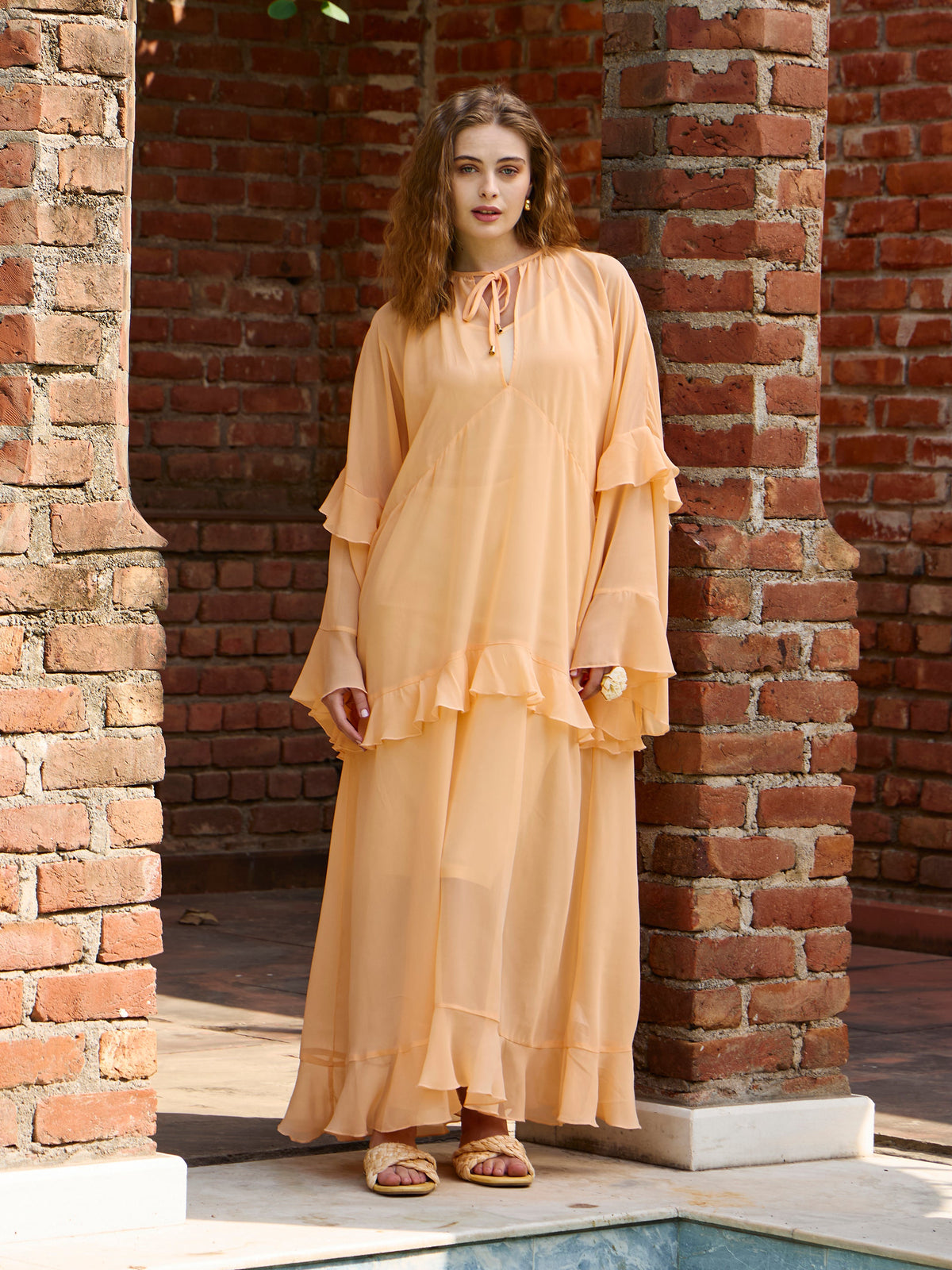 Peach Solid Loose Fit Maxi Dress-SASSAFRAS