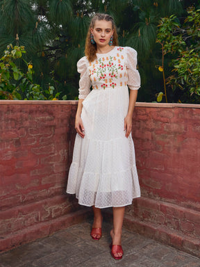 White Dobby Tiered Midi Dress-SASSAFRAS