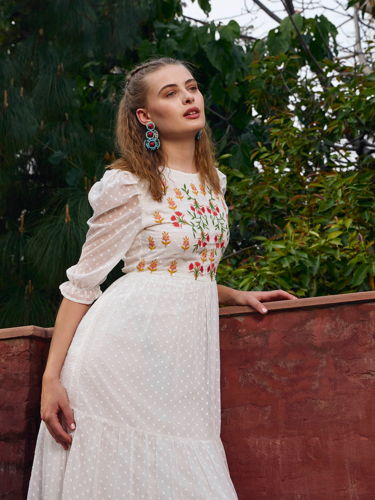 White Dobby Tiered Midi Dress-SASSAFRAS