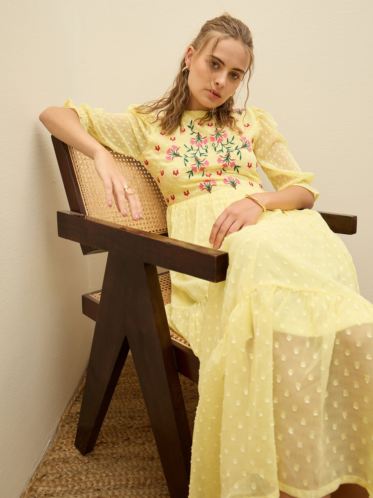 Yellow Dobby Tiered Midi Dress-SASSAFRAS