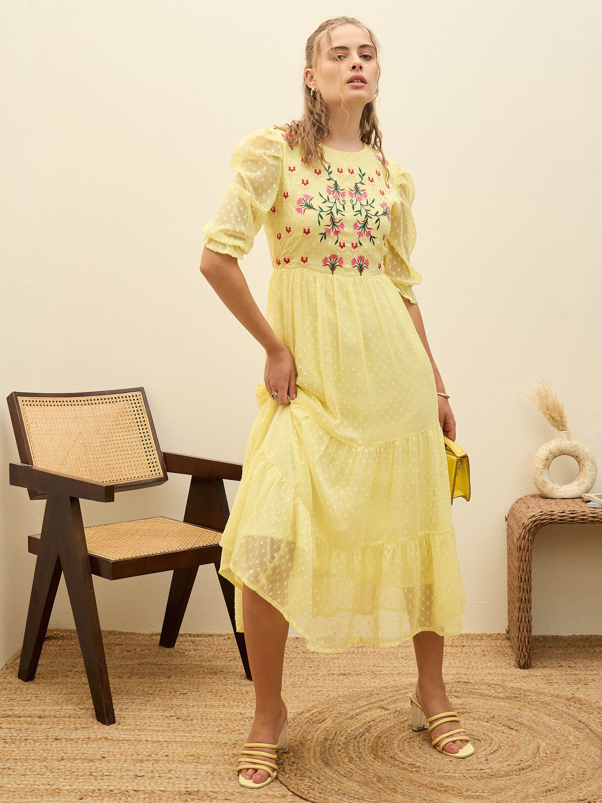 Yellow Dobby Tiered Midi Dress-SASSAFRAS