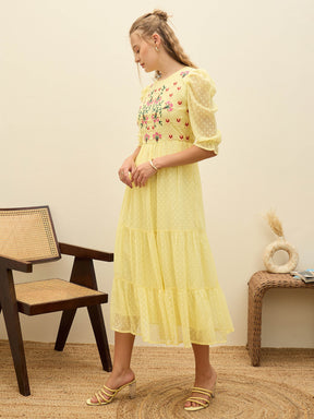 Yellow Dobby Tiered Midi Dress-SASSAFRAS