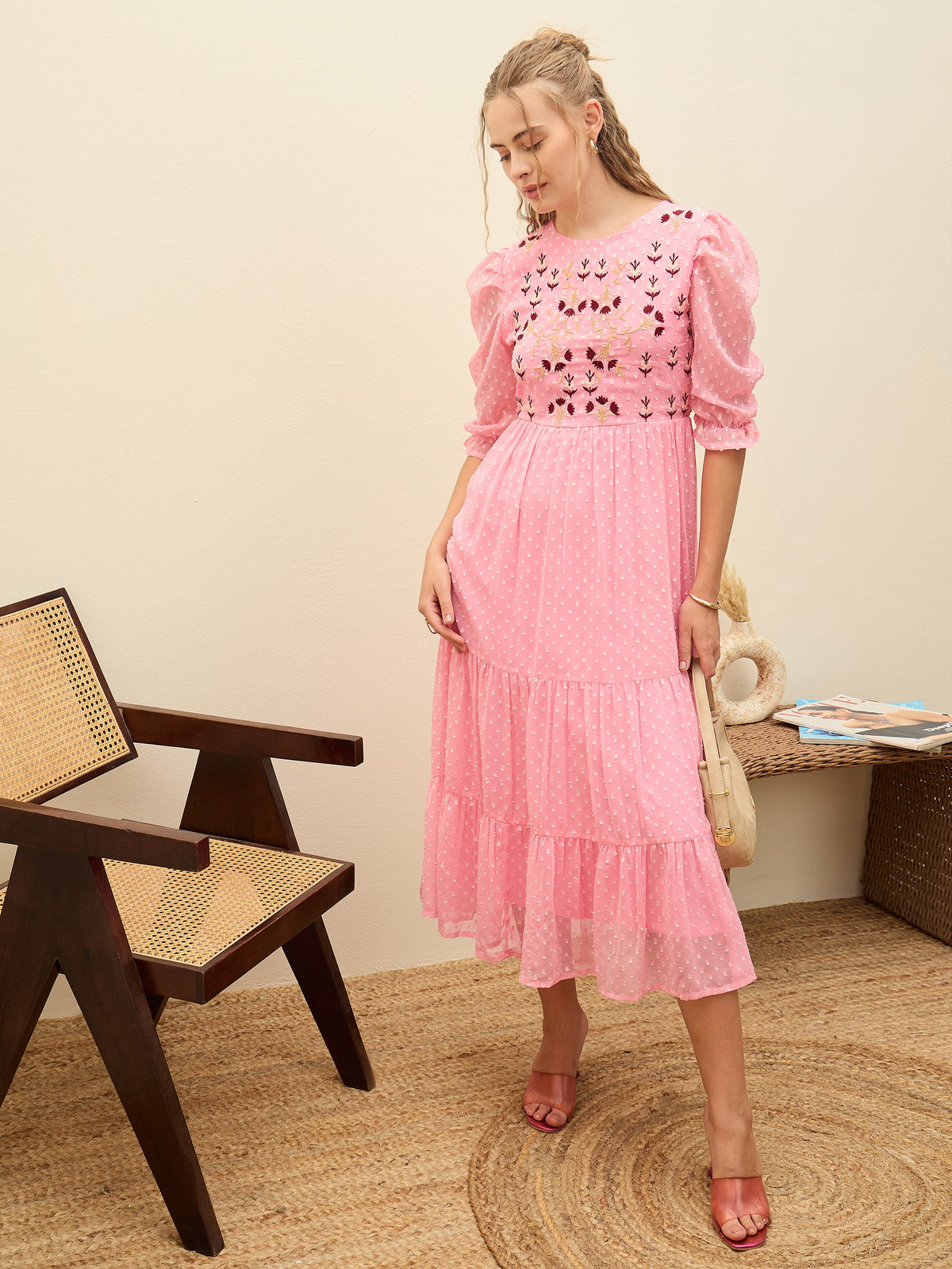 Pink Dobby Tiered Midi Dress-SASSAFRAS